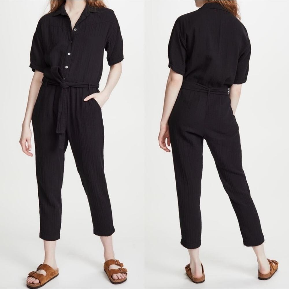 Xirena Theo Black Gauzy Cotton Tie Waist Classic Preppy Chic Resort Jumpsuit